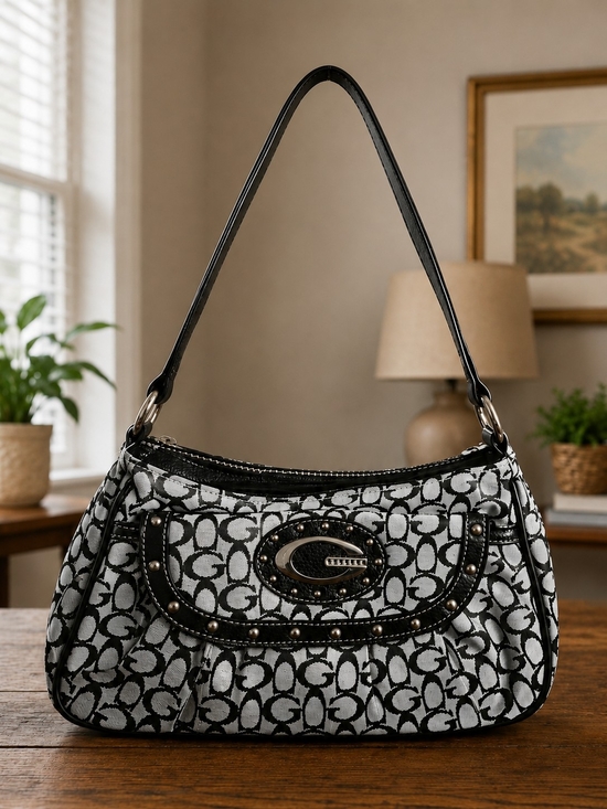 Handbags - Monogram Black and Gray Signature Jacquard Shoulder Bag with Studded Trim